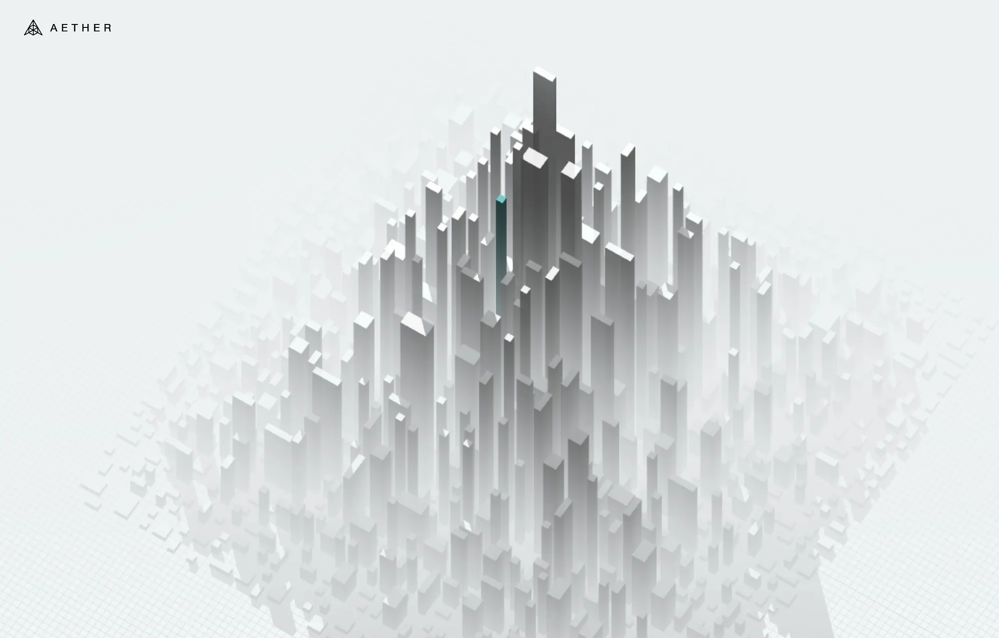 The Aether city — a cone of white voxel towers rising toward the center, one property highlighted in teal
