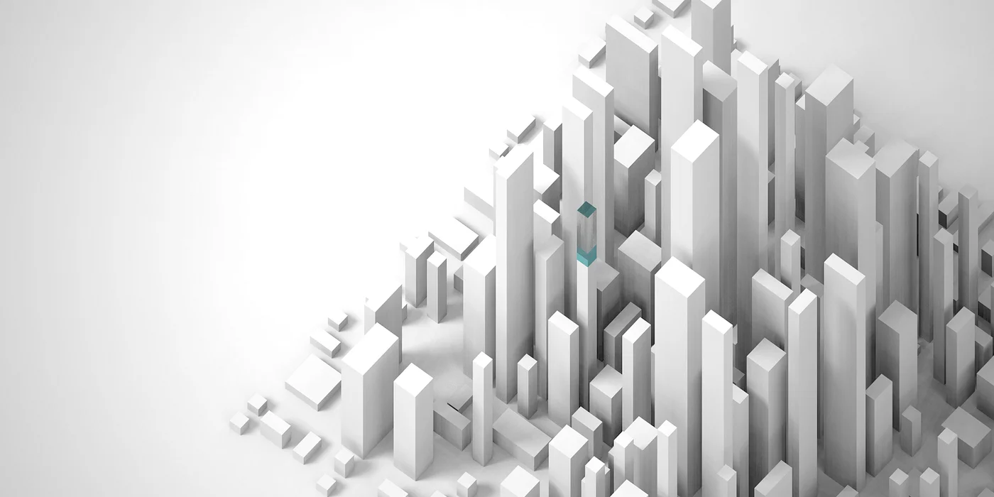 A single unit — ten cubic metres of the grid — highlighted in teal partway up a tower